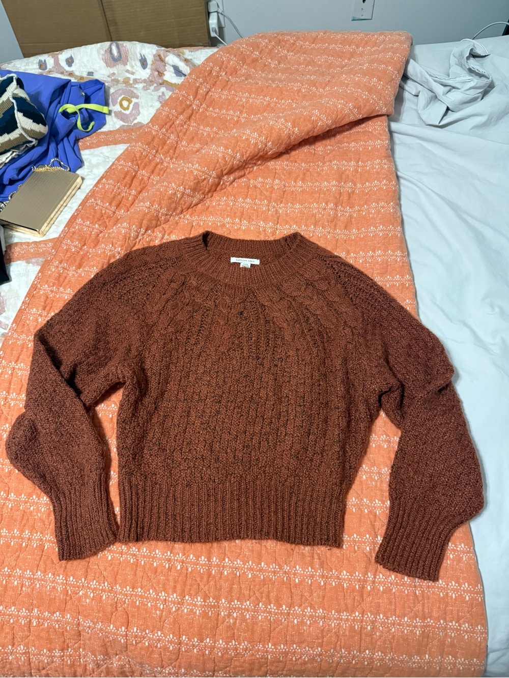 American Eagle Outfitters Cable-Knit Crewneck Sweater - Rust Brown